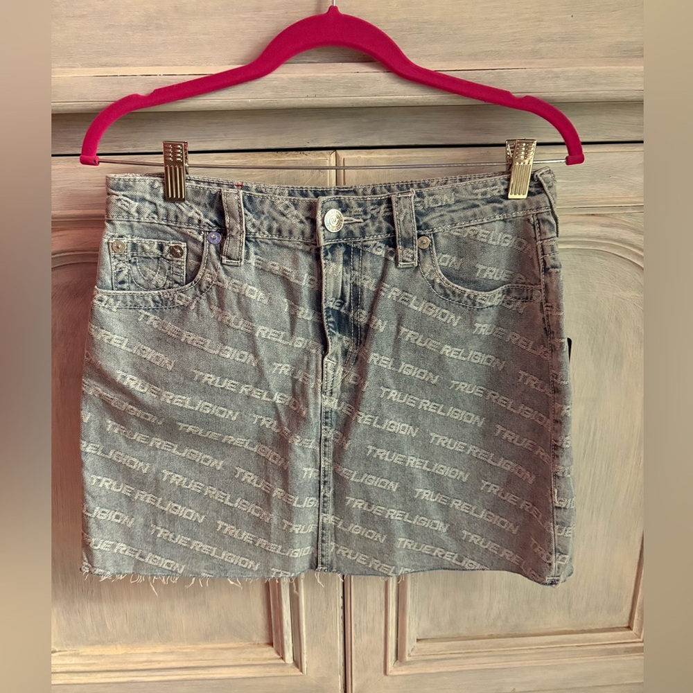 True Religion Monogram High Rise Denim Mini Skirt Leaping Water Y2K - Picture 4 of 11